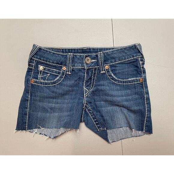 True Religion‎ Low Rise Cut Off Button Flap Pocket Denim Jean Shorts Size 27 - Picture 1 of 9